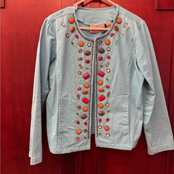 Life Style Jacket Womens Aqua Blue Stone Embellished Coat Sequin Hook Eye Size M - Picture 6 of 14